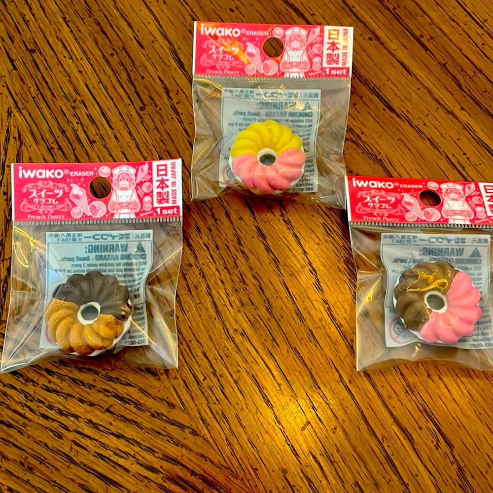 Iwako Mini French Donut  Erasers Pink Yellow Brown Tan White Doughnut Set Lot 3